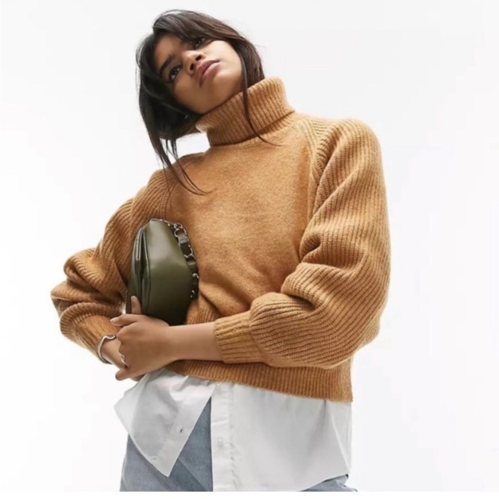 Topshop knit roll neck sweater in camel
